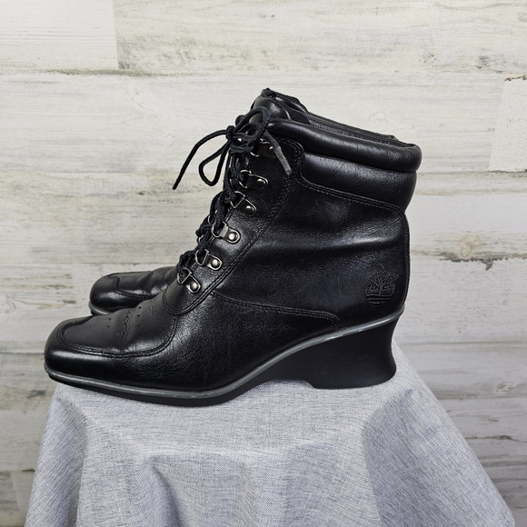 Timberland Hill Leather Square Toe Boots Sz 7 Black Lace Up Wedge Heel Victorian - Picture 8 of 16